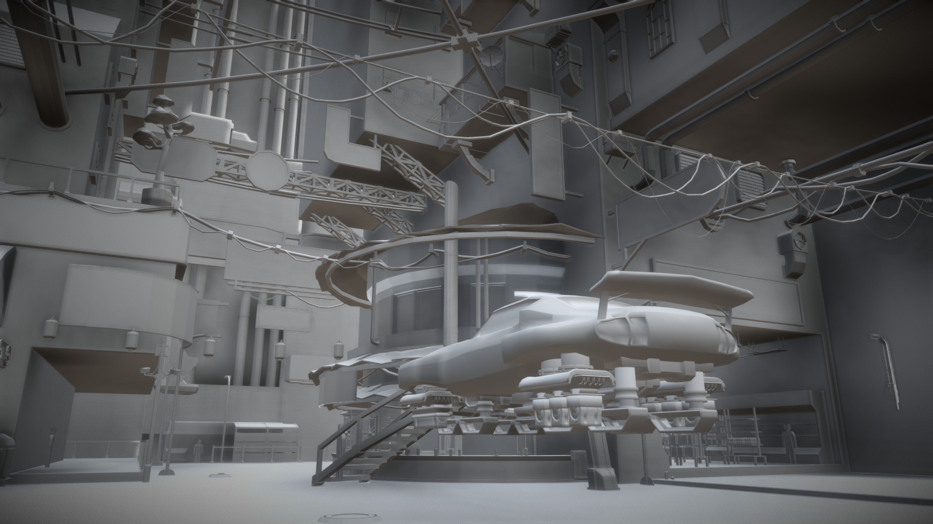 3D model Cyberpunk City assets - This is a 3D model of the Cyberpunk City assets. The 3D model is about a large white airplane in a warehouse.