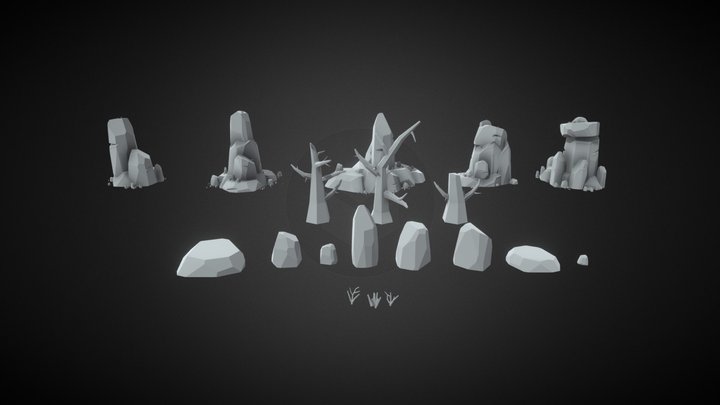 3D Low Poly Rocks & Trees 3D Model