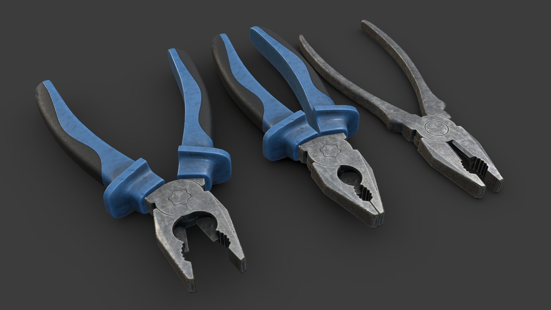 3D model Used Pliers - This is a 3D model of the Used Pliers. The 3D model is about a group of blue and silver metal objects.