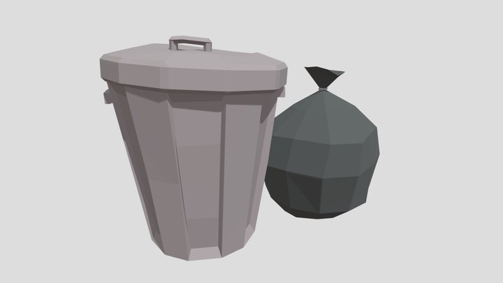 Trash Can and Garbage Bag low poly 3D Model