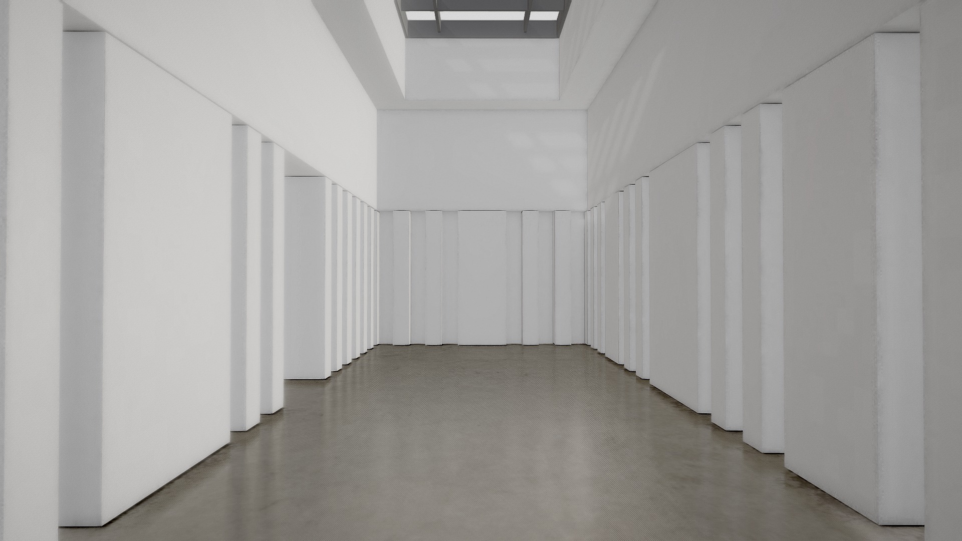 3D model Collumns VR Gallery (Lightmapped) - This is a 3D model of the Collumns VR Gallery (Lightmapped). The 3D model is about a long hallway with white walls.