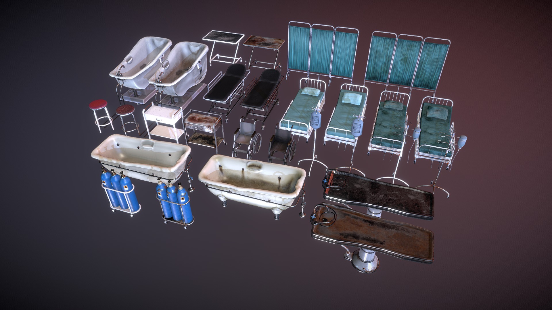 3D model Vintage hospital props - This is a 3D model of the Vintage hospital props. The 3D model is about a group of toy boats.
