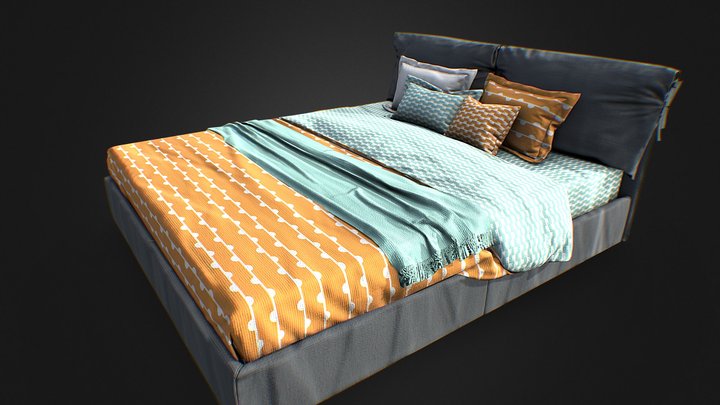 Big bed with pillows and bedding 3D Model