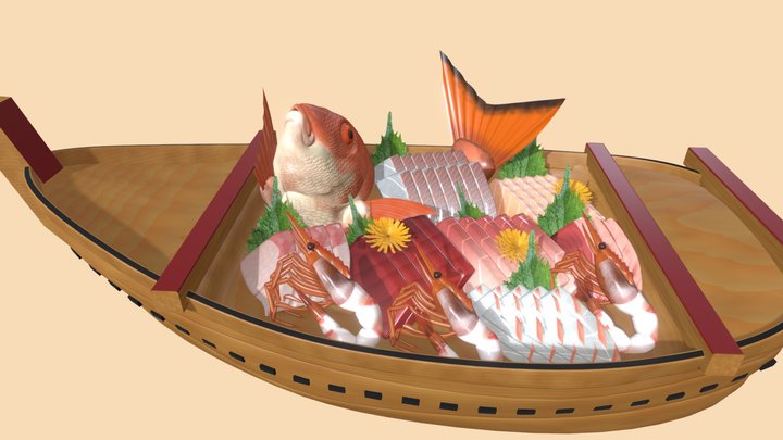 舟盛り (Raw fish SASHIMI on a Japanese ship) – Free 3D Model STL