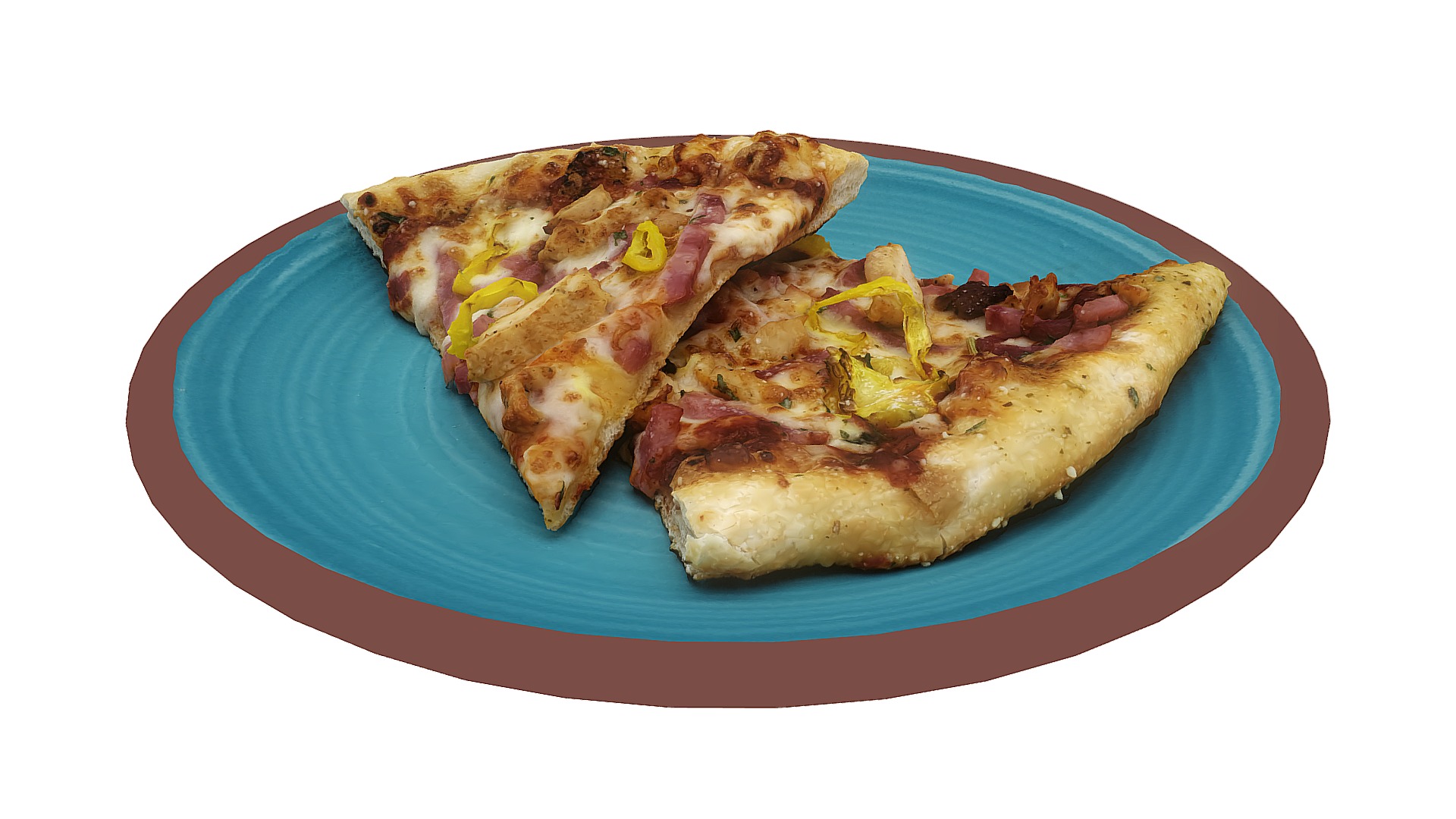 3D model Pepperoncini Chicken and Ham Pizza - This is a 3D model of the Pepperoncini Chicken and Ham Pizza. The 3D model is about a plate of food.