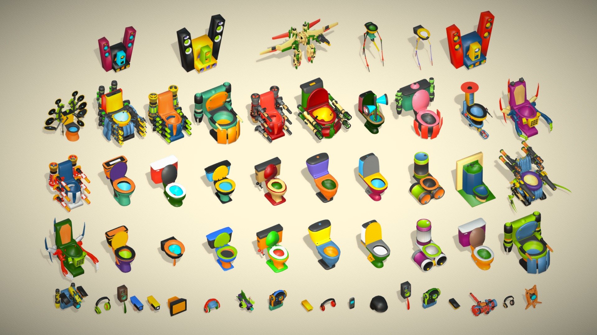 55 Skibidi Toilets Props Pack - Low Poly Toon - Buy Royalty Free 3D ...