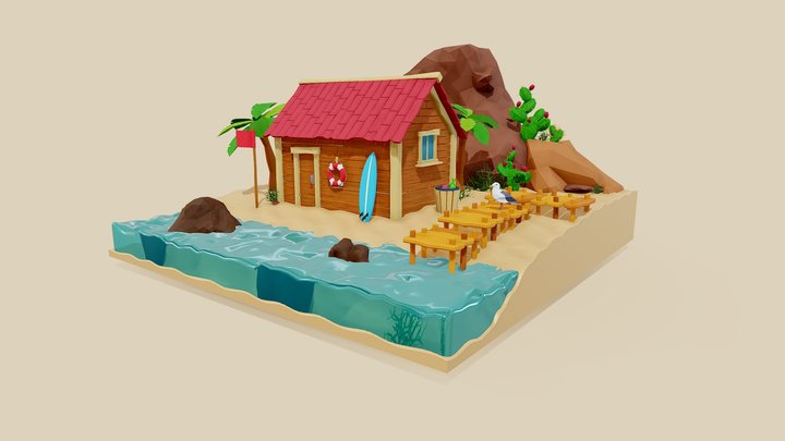 Low Poly Beach Scene 3D Model