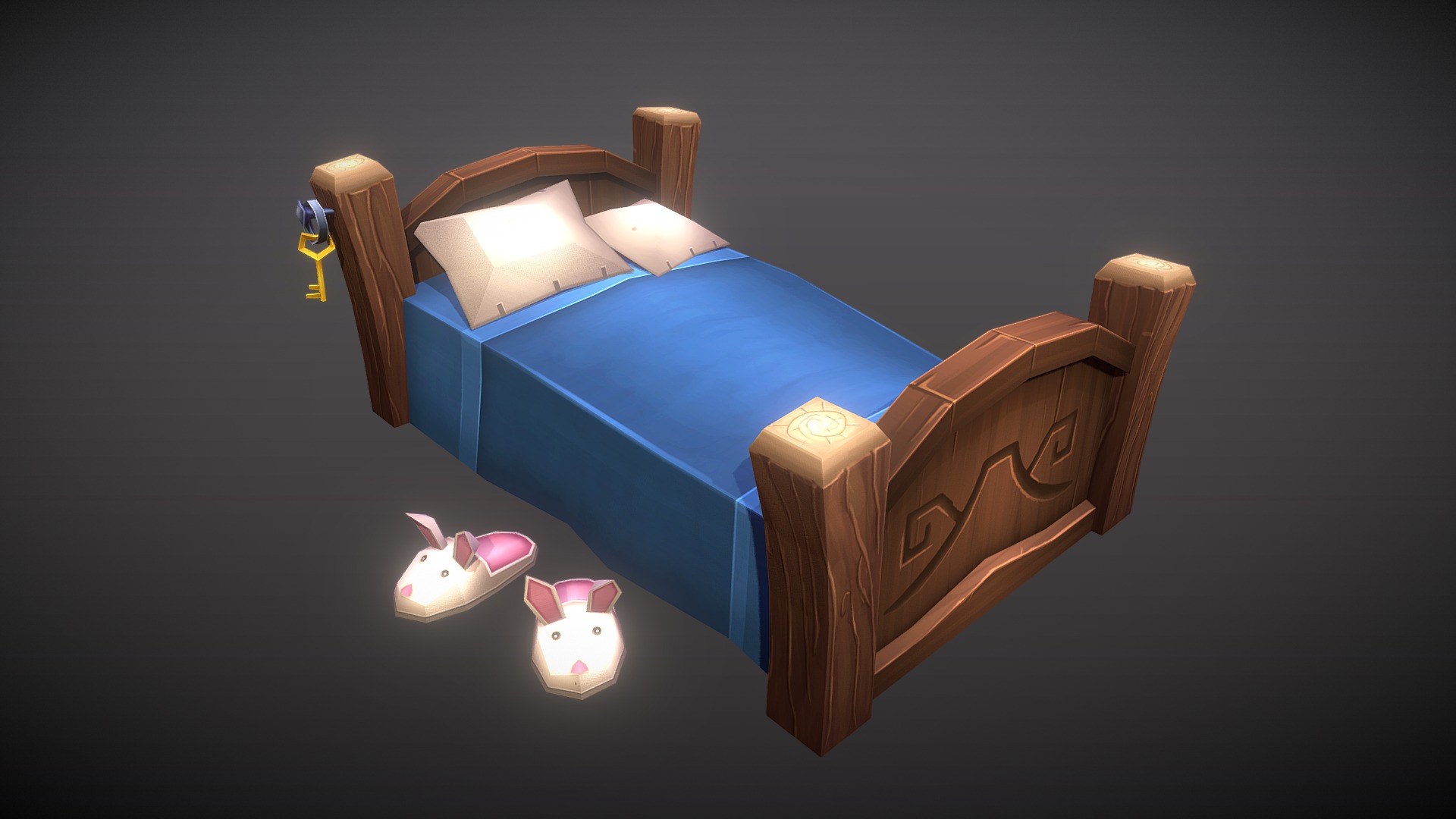 3D model Medieval Bed - This is a 3D model of the Medieval Bed. The 3D model is about a toy house with a cat and a mouse.
