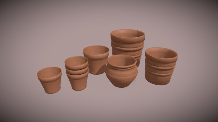 Clay garden pots set 3D Model