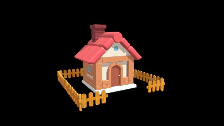 Cartoon-Style Small House with Red Roof 3D Model