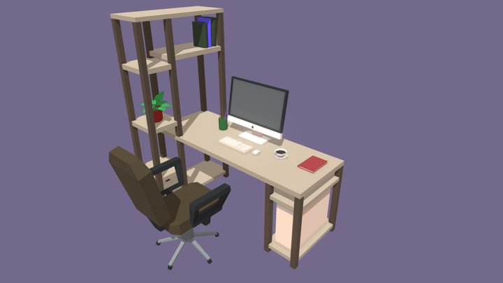 Low Poly Computer Desk with desktop computer 3D Model