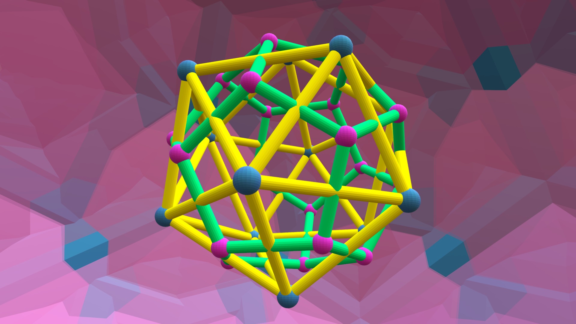 3D model a dual inside five icosahedra - This is a 3D model of the a dual inside five icosahedra. The 3D model is about a colorful design on a purple background.