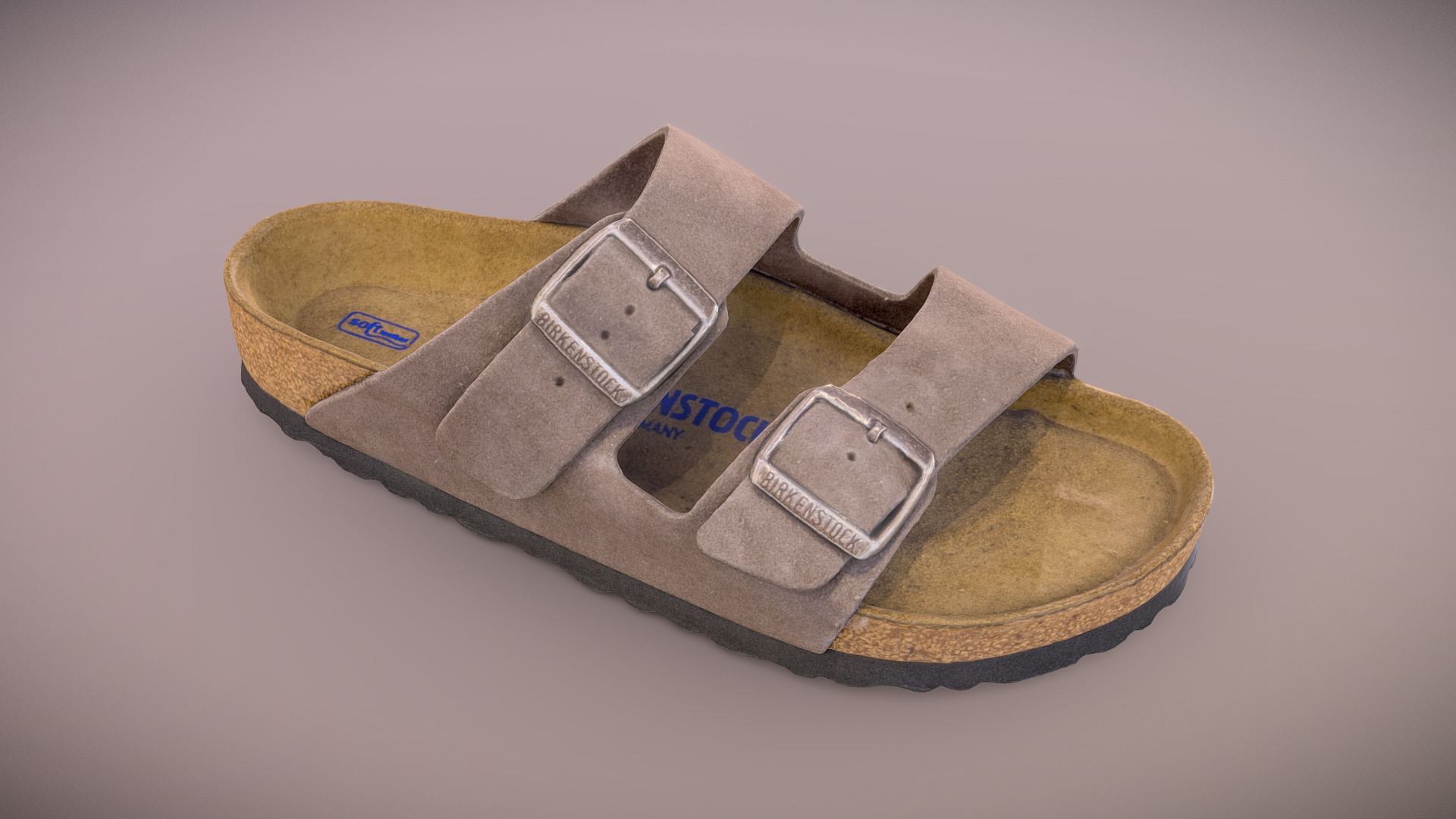 3D model Birkenstock Arizona Suede (Taupe) - This is a 3D model of the Birkenstock Arizona Suede (Taupe). The 3D model is about a brown and white shoe.