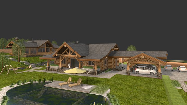 Ландшафт участка с домом и баней 3D Model