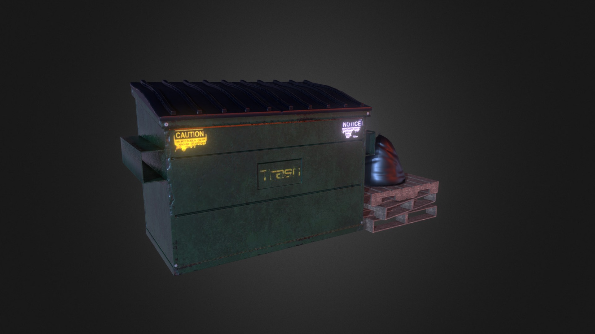 3D model Dumpster, Garbage Bag and Pallet - This is a 3D model of the Dumpster, Garbage Bag and Pallet. The 3D model is about a green box with a red light.