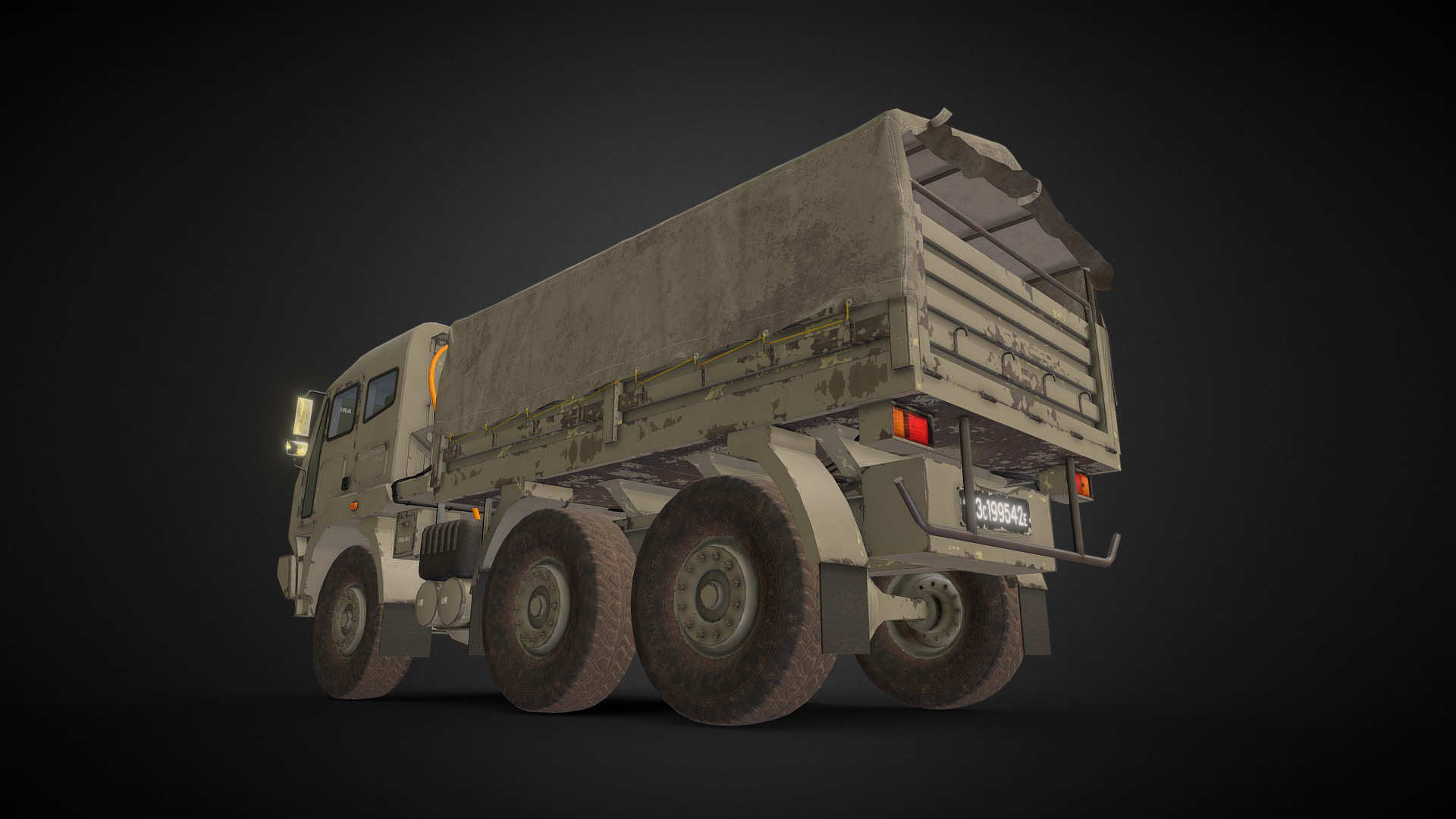 3D model 6×6 Military Truck Variation 7 +Rolled Tarpaulin - This is a 3D model of the 6x6 Military Truck Variation 7 +Rolled Tarpaulin. The 3D model is about a toy truck on a black background.