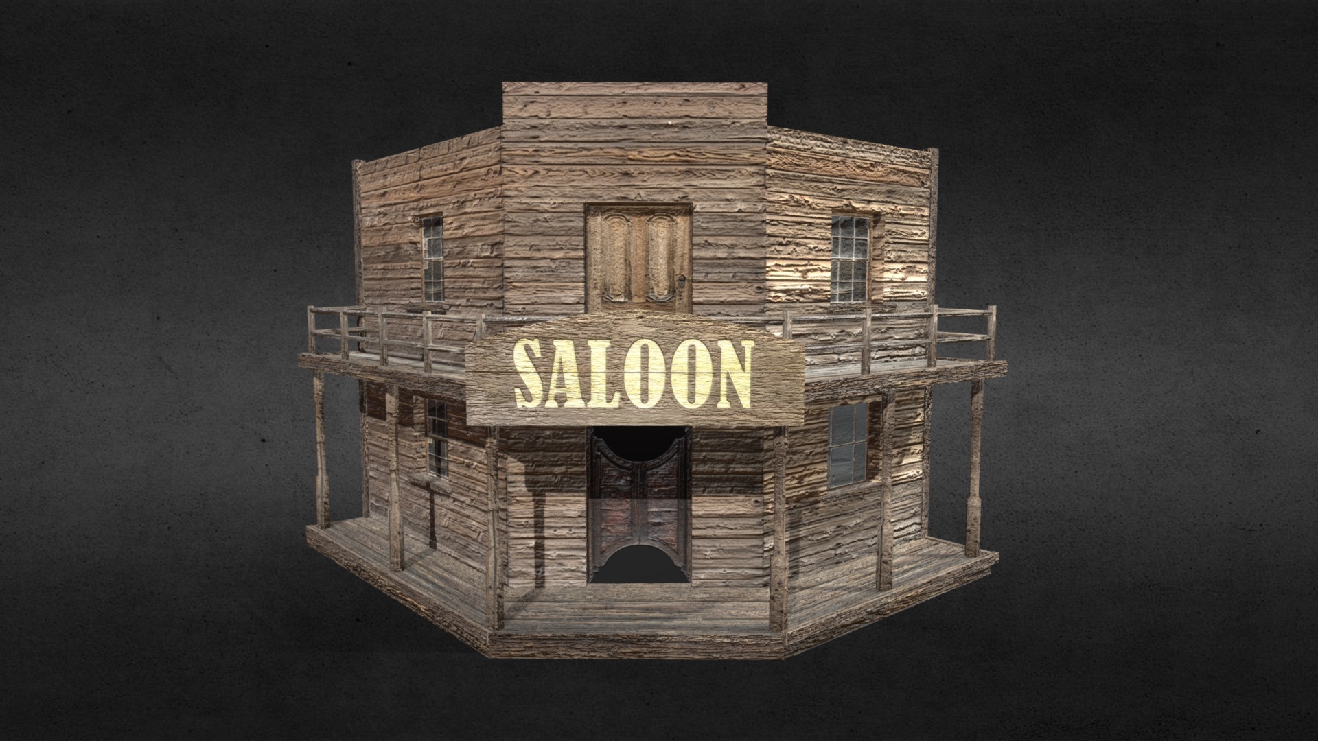 3D model Saloon - This is a 3D model of the Saloon. The 3D model is about a wood house with a sign on it.