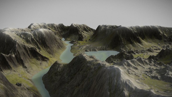 Valley Mountain River Landscape 3D Model