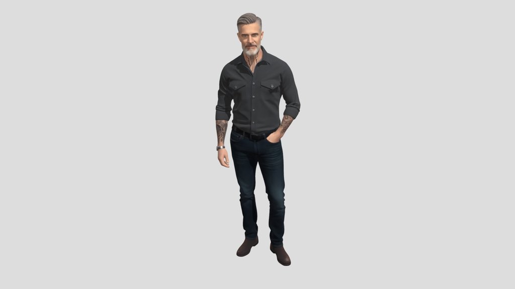 Tattooed Gentleman in Dark Shirt and Jeans