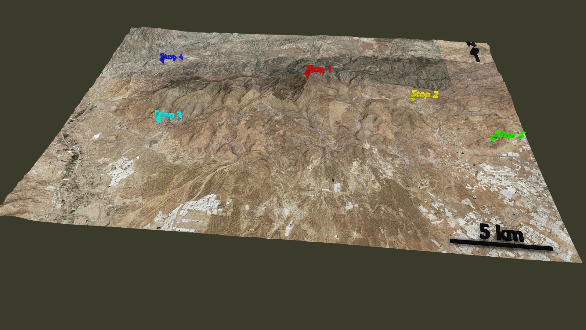 Sierra Alhamilla 3D map with virtual trip stops