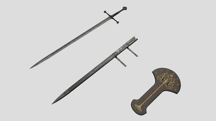 Anduril with Scabbard, Belt and Stand 3D Model