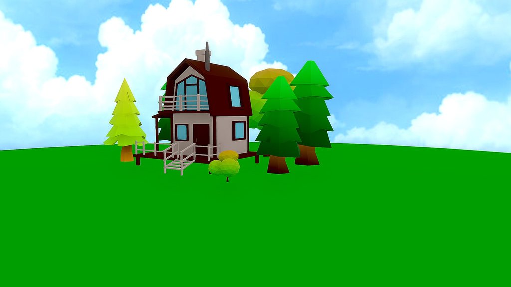 Low Poly House [Game Ready], with sky Background