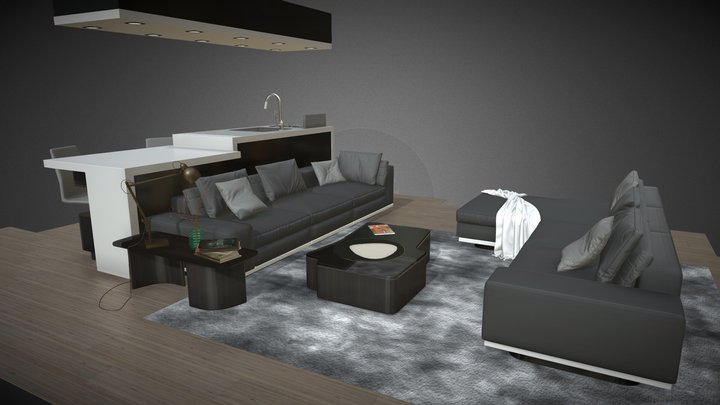 living room with kitchen island 3D Model