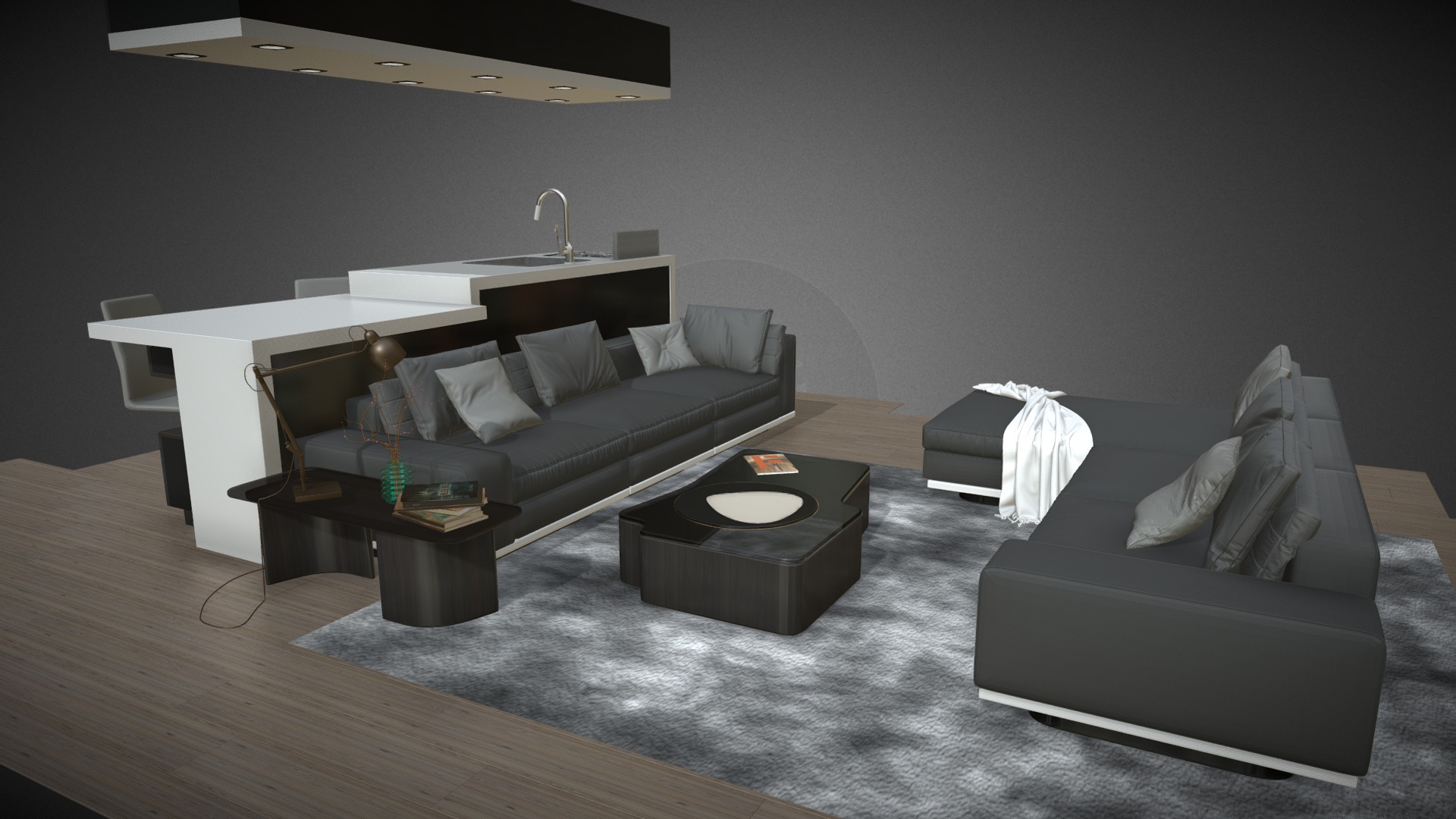 3D model living room with kitchen island - This is a 3D model of the living room with kitchen island. The 3D model is about a living room with a couch and a coffee table.
