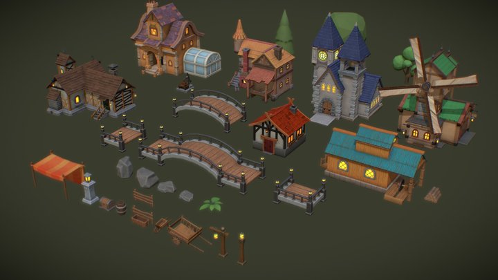 Lowpoly Set Of Houses 3D Model