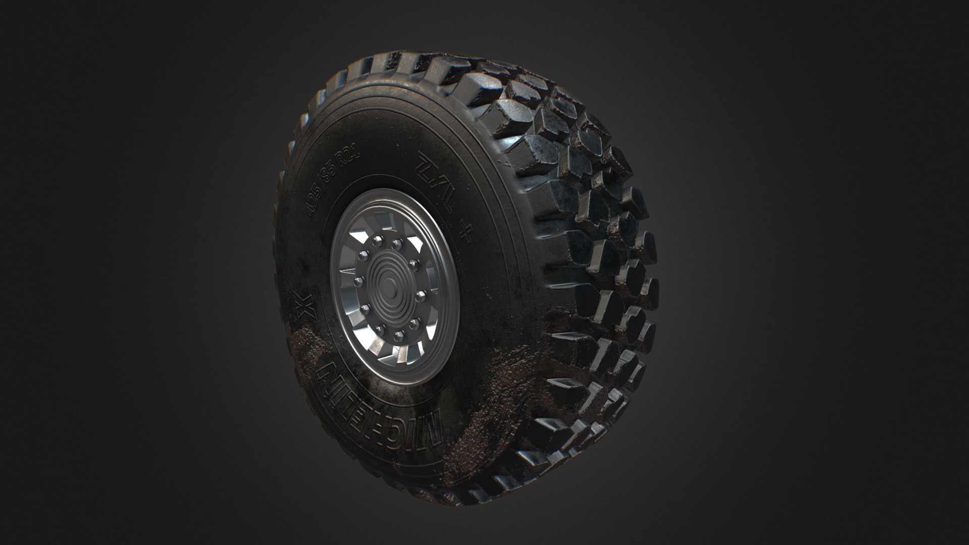 3D model MICHELIN X OFFROAD TIRE DIRTY - This is a 3D model of the MICHELIN X OFFROAD TIRE DIRTY. The 3D model is about a black tire with a silver rim.