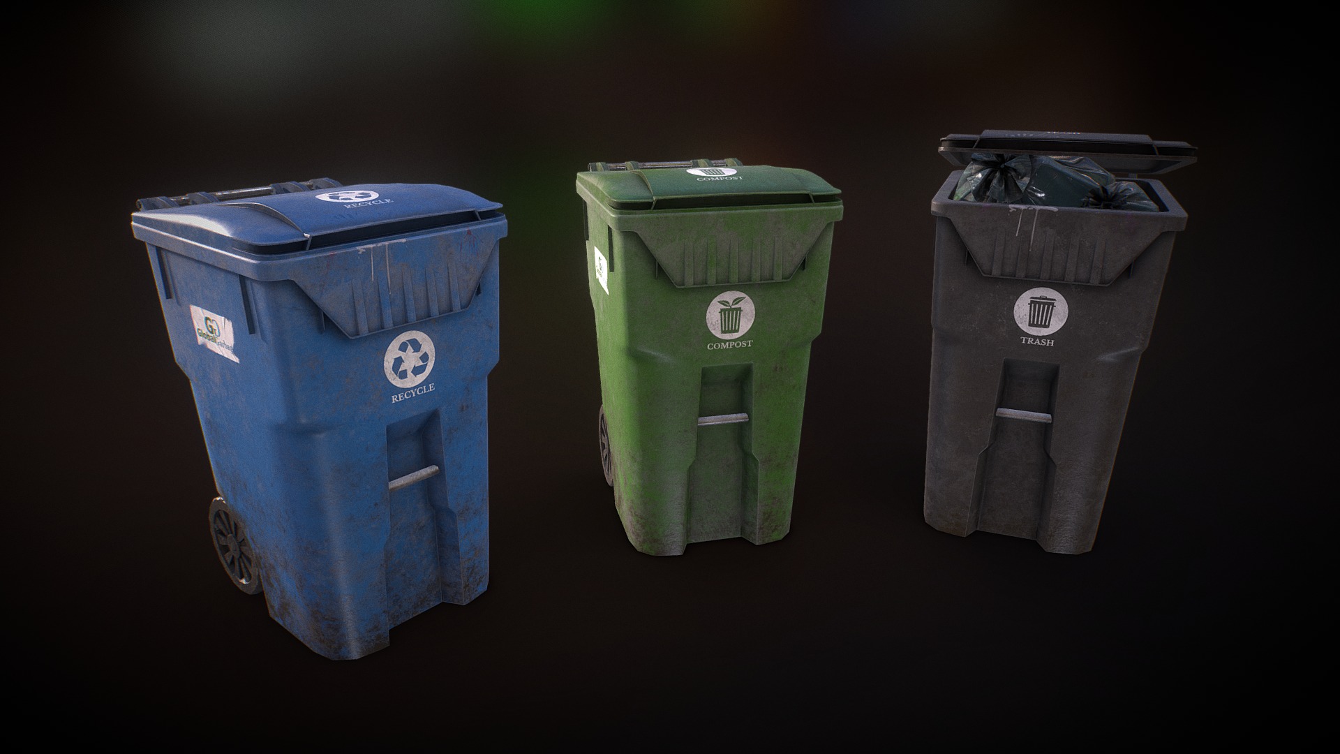 3D model Plastic Trash Bin with Garbage Bags – Low Poly - This is a 3D model of the Plastic Trash Bin with Garbage Bags - Low Poly. The 3D model is about a group of blue and green cars.