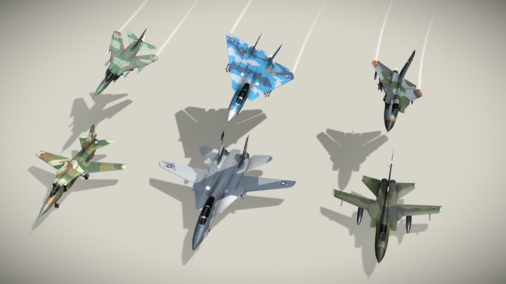 Cold War fighters lowpoly set B: 3+3 3D Model