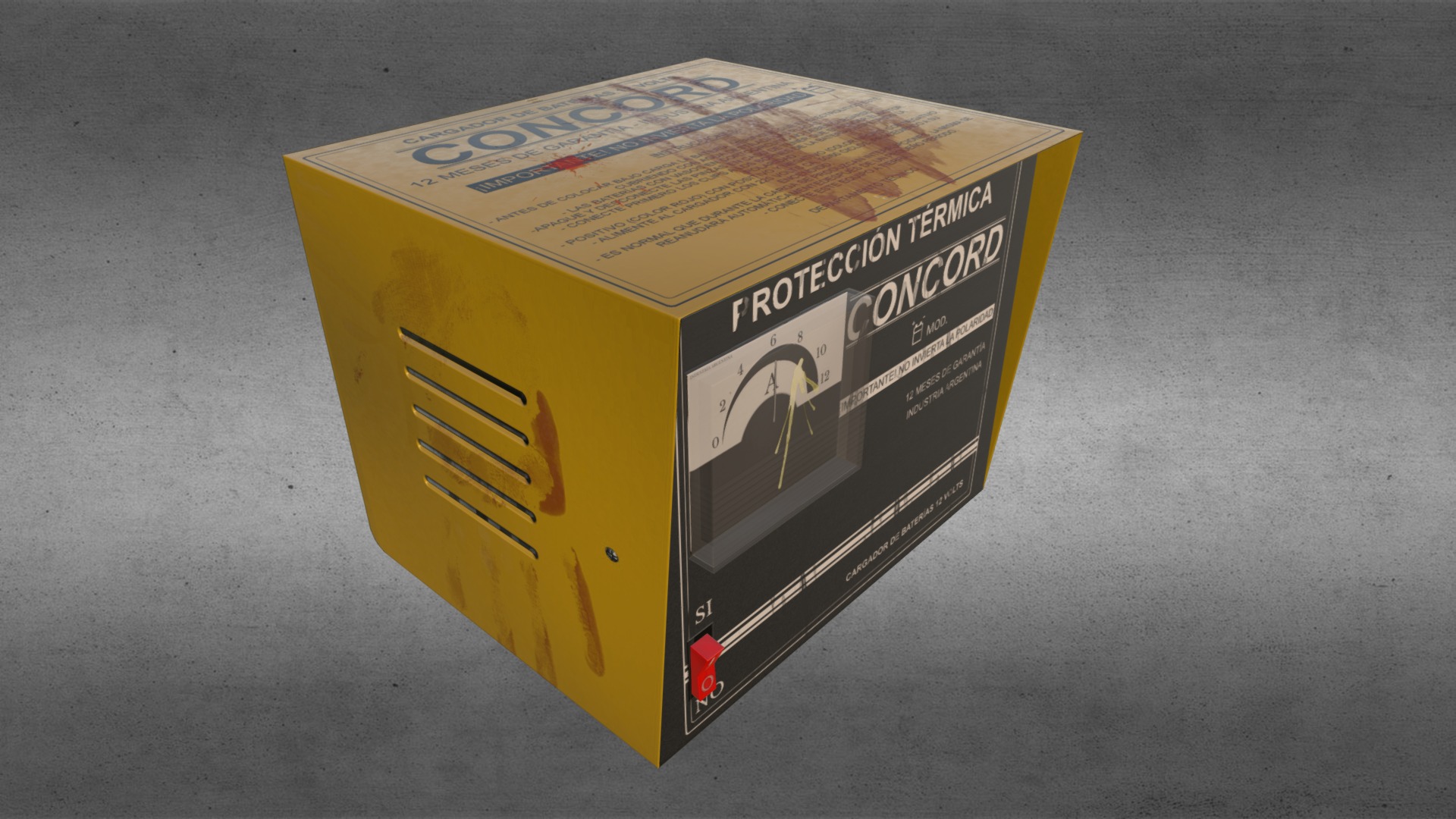 3D model Car battery charger Condord 12 volts - This is a 3D model of the Car battery charger Condord 12 volts. The 3D model is about a yellow box with a black cover.