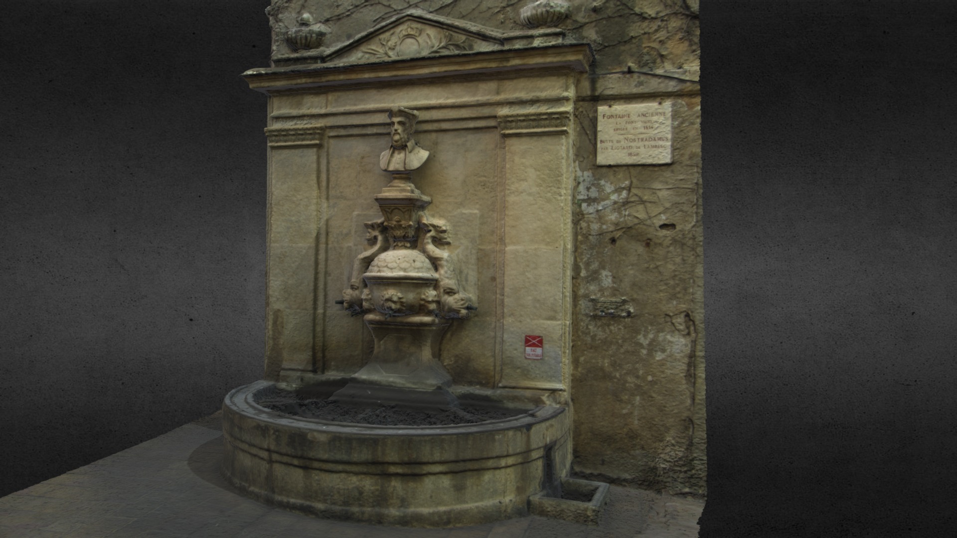 3D model Nostradamus Fountain in Saint Rémy - This is a 3D model of the Nostradamus Fountain in Saint Rémy. The 3D model is about a stone pillar with a statue on top.