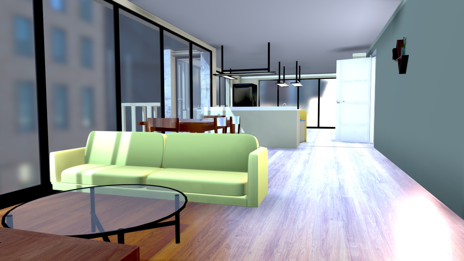 3D model Modern Apartment - This is a 3D model of the Modern Apartment. The 3D model is about a room with green couches and a table.