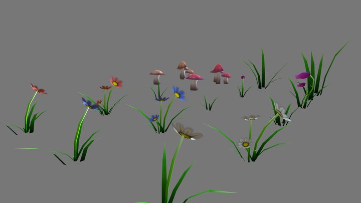 Hand Painted Flowers & Mushrooms 3D Model