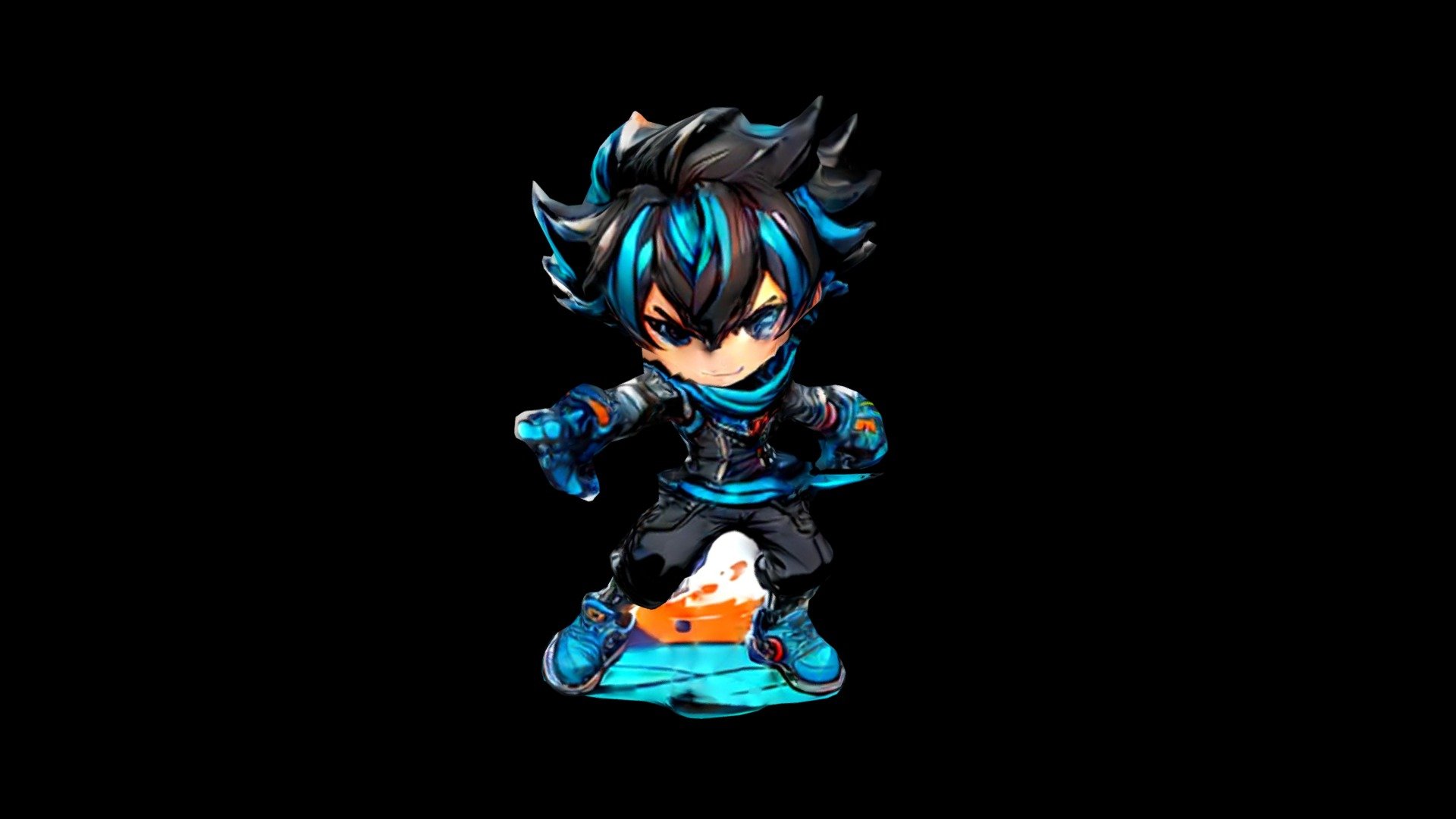 An anime character with black and blue hair, wea