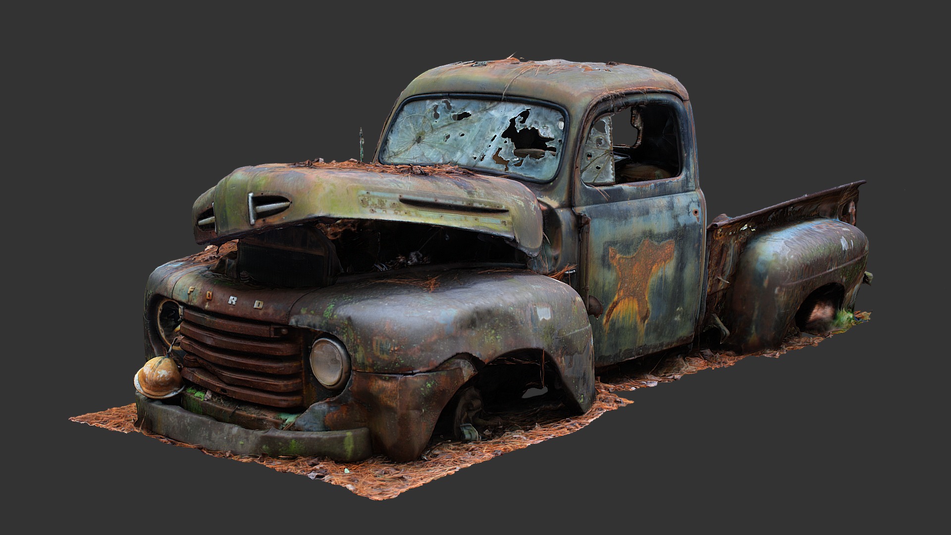 3D model Old Truck (Raw Scan) - This is a 3D model of the Old Truck (Raw Scan). The 3D model is about a rusted out car with a door open.