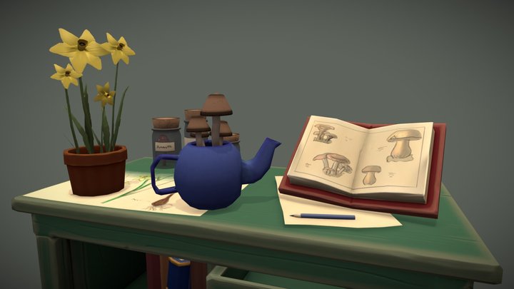 Botanical table and cute teapot 3D Model