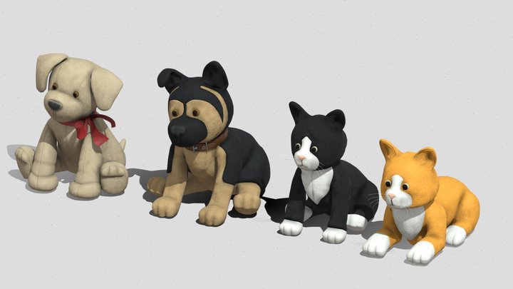 Four Adorable Plush Toy Animals 3D Model
