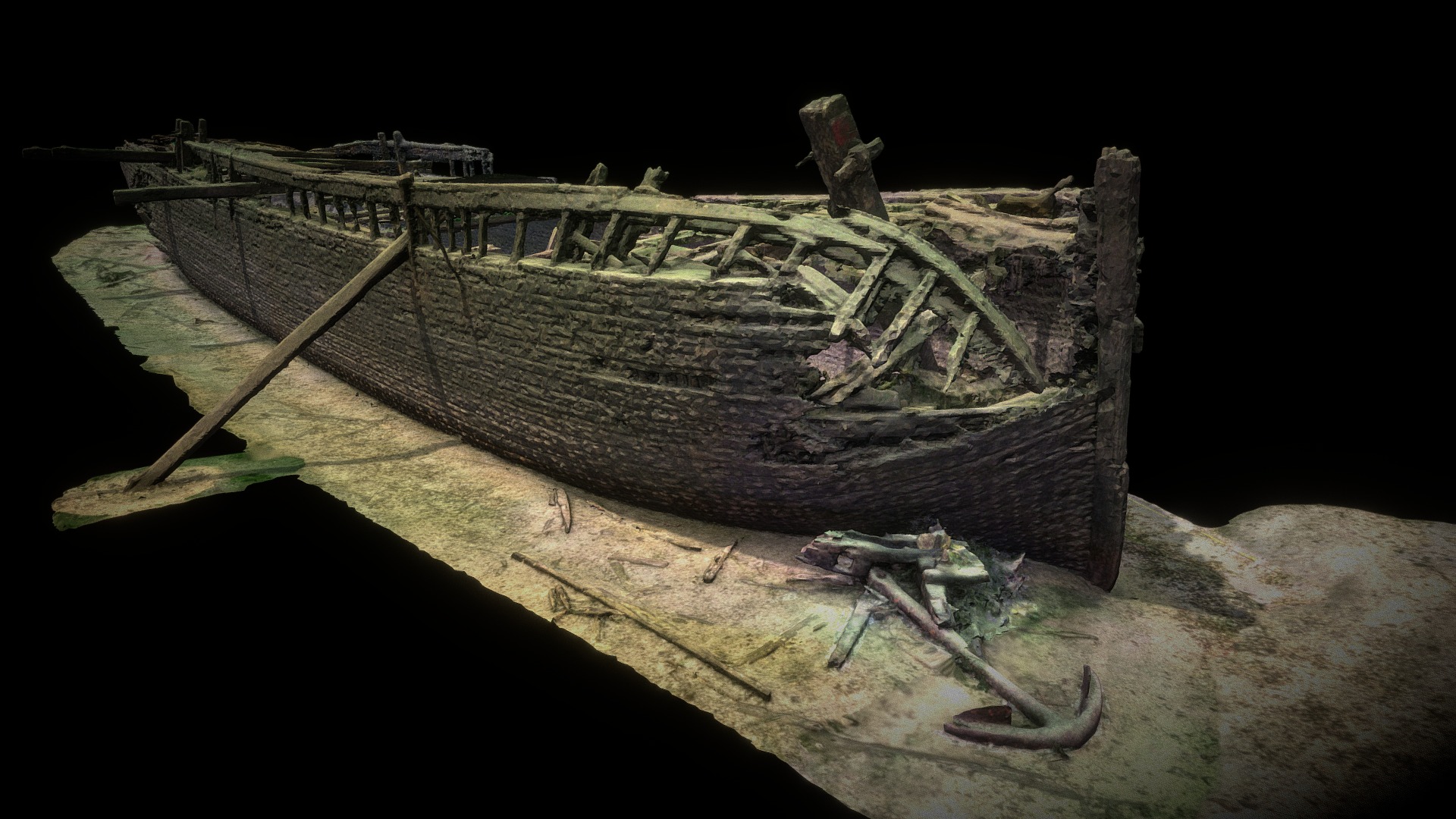 3D model Robert Gaskin wreck / exterior hull - This is a 3D model of the Robert Gaskin wreck / exterior hull. The 3D model is about a group of wooden pieces on a surface.