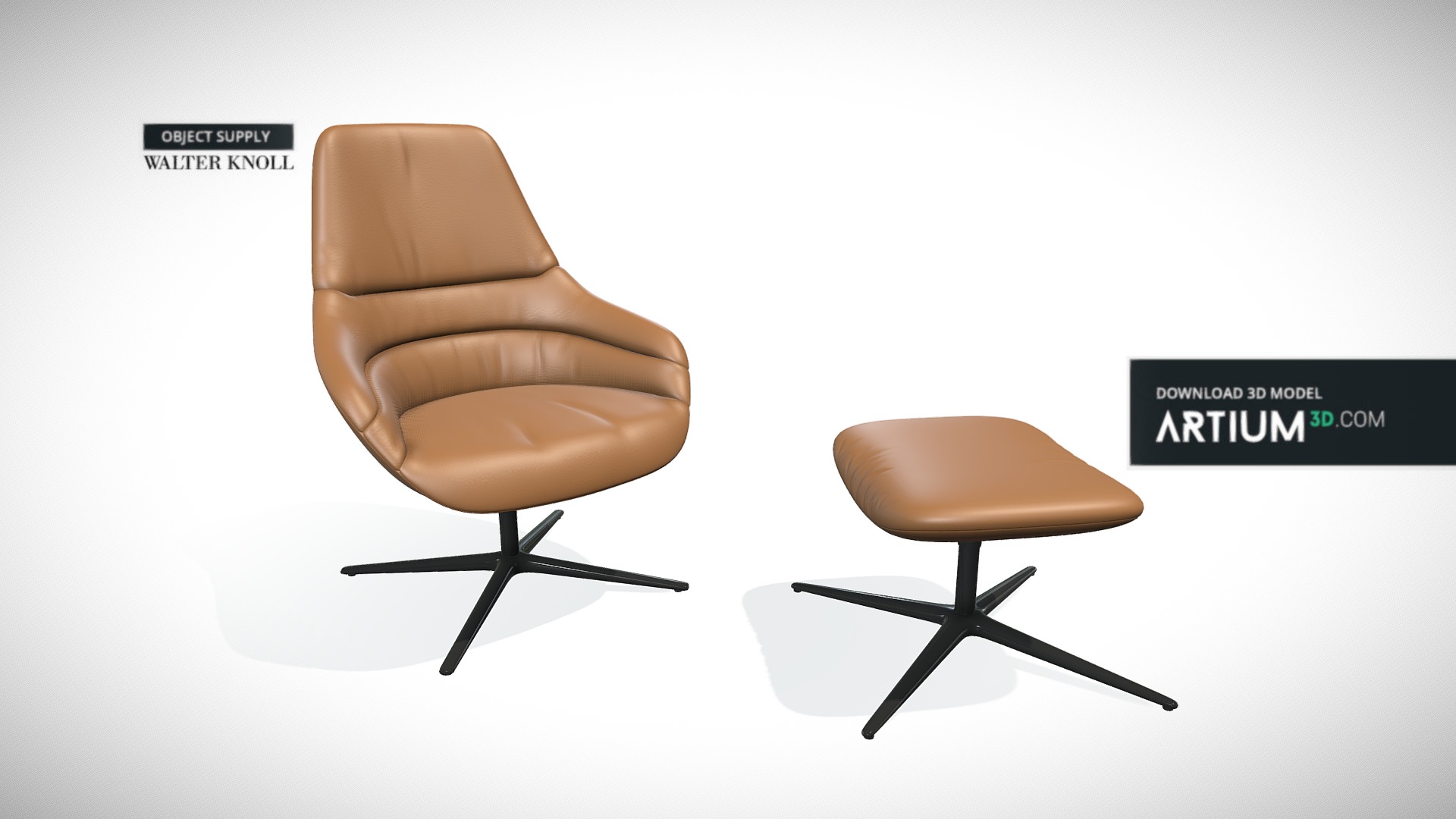 3D model Armchair and Tabouret from Walter Knoll - This is a 3D model of the Armchair and Tabouret from Walter Knoll. The 3D model is about a brown chair with a black back.