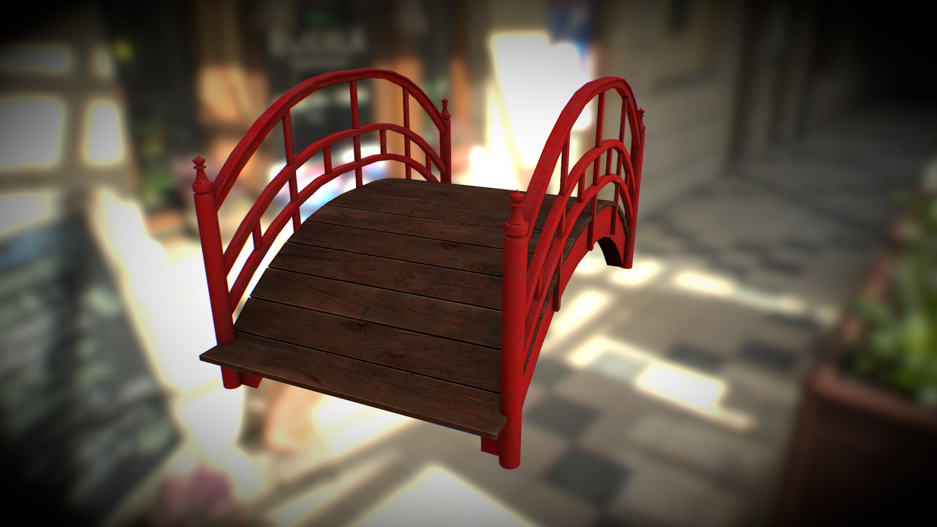 3D model Bridge Wood - This is a 3D model of the Bridge Wood. The 3D model is about a red chair on a porch.