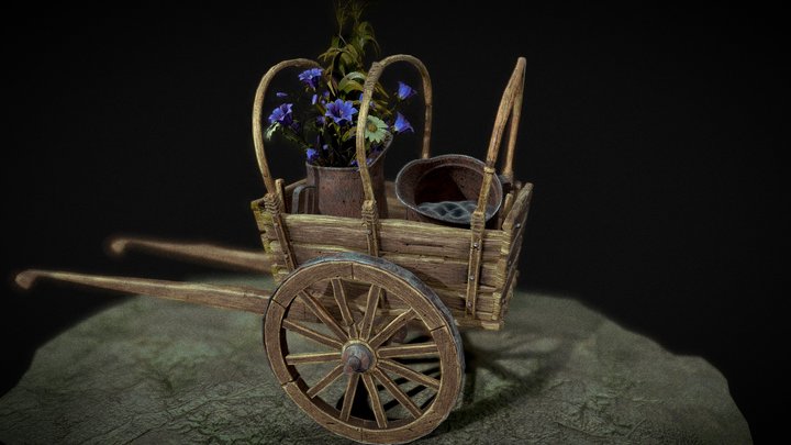 wooden cart with flowers 3D Model