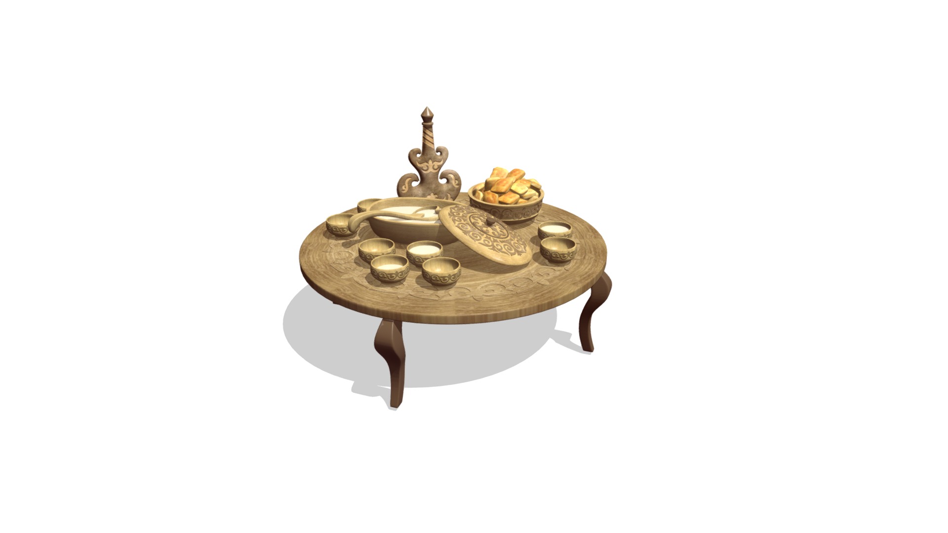 3D model Kazakh Koumiss Dishes set - This is a 3D model of the Kazakh Koumiss Dishes set. The 3D model is about a table with a tray of coins.