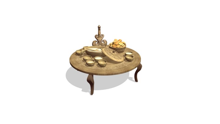 Kazakh Koumiss Dishes set on the Round Table 3D Model