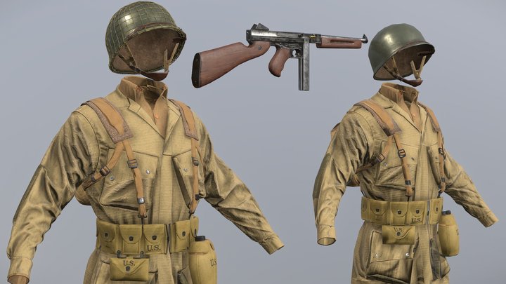 WW2 US Paratrooper and THOMPSON M1A1 3D Model