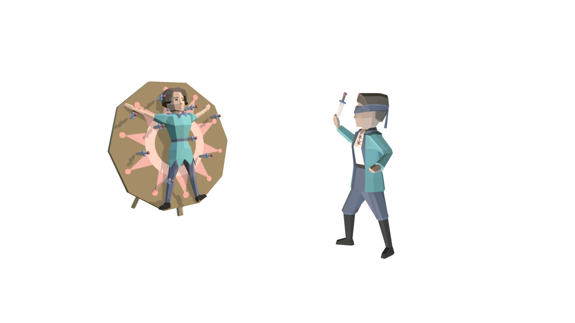 3D model Knife Thrower And His Goal - This is a 3D model of the Knife Thrower And His Goal. The 3D model is about a man and woman holding a heart.