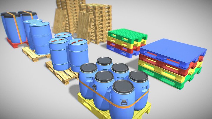 Pallets and plastic barrels 3D Model