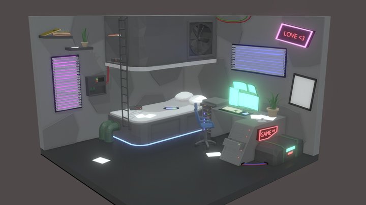 Isometric Cyberpunk Room - LowPoly - 3D Model